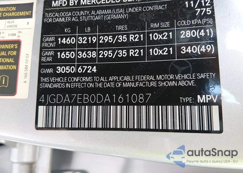 2013 Mercedes-Benz Ml 63 Amg 4Matic z USA, uszkodzony, nr VIN 4JGDA7EB0DA161087